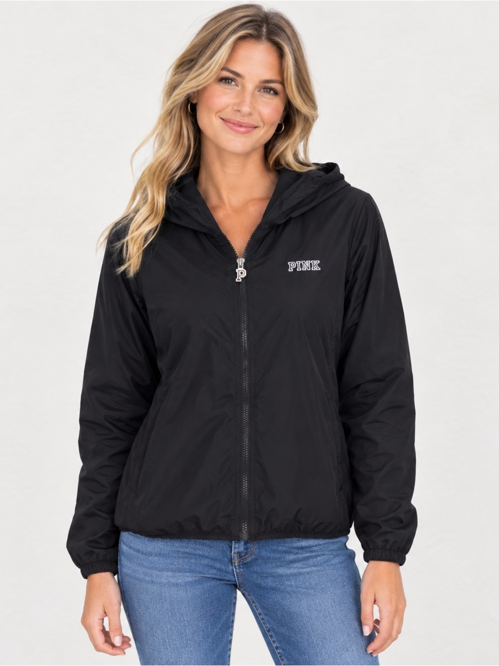 PINK Victoria's Secret Black Hooded Windbreaker Jacket Size M/L